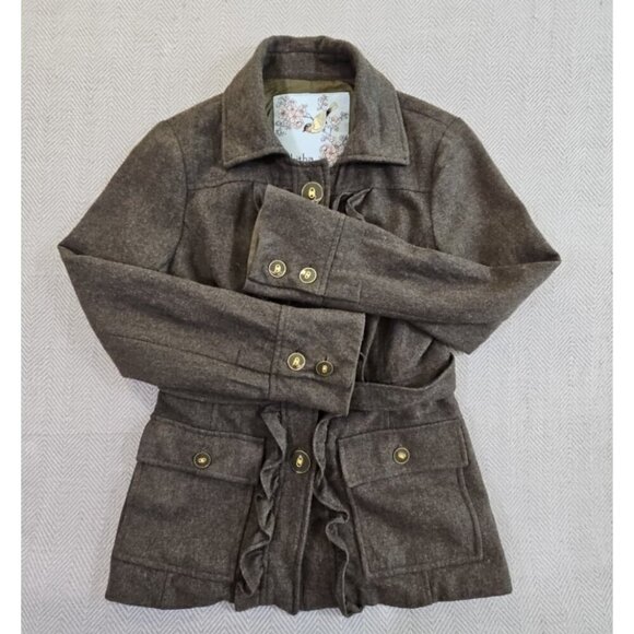 Anthropologie Tabitha Military Blazer Women 6 Green Wool Blend Ruffle NB095 EUC - Picture 14 of 14